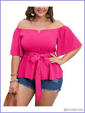 Plus Size Off Shoulder Peplum Blouse Ruffle Bell Sleeve Tie Waist Babydoll Top
